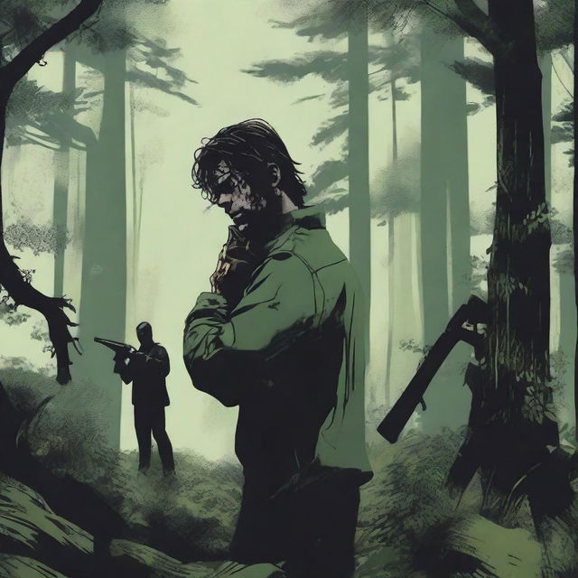 A man holding a shotgun in a dense forest encounters another person with their hair covering their face