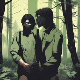 A man holding a shotgun in a dense forest encounters another person with their hair covering their face