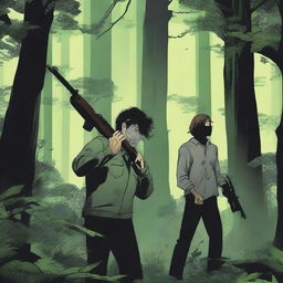 A man holding a shotgun in a dense forest encounters another person with their hair covering their face