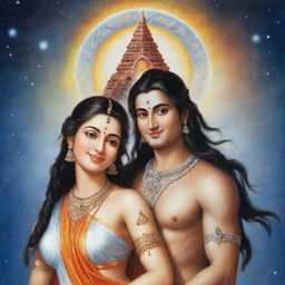 A charming image of Mahadev and Parvati, embodied in a celestial aura, smiling tenderly at each other