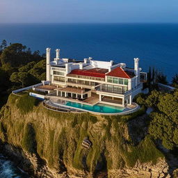 A lavish billionaire's mansion perched on the edge of a dramatic cliff, overlooking a stunning ocean panorama