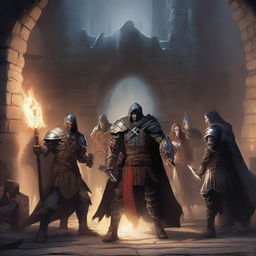 A mage, a sorcerer, a warrior, a barbarian, and three more Dungeons & Dragons players emerging from a dungeon