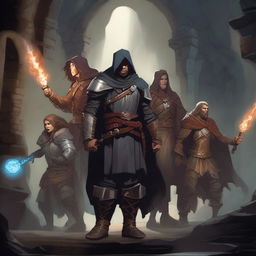 A mage, a sorcerer, a warrior, a barbarian, and three more Dungeons & Dragons players emerging from a dungeon