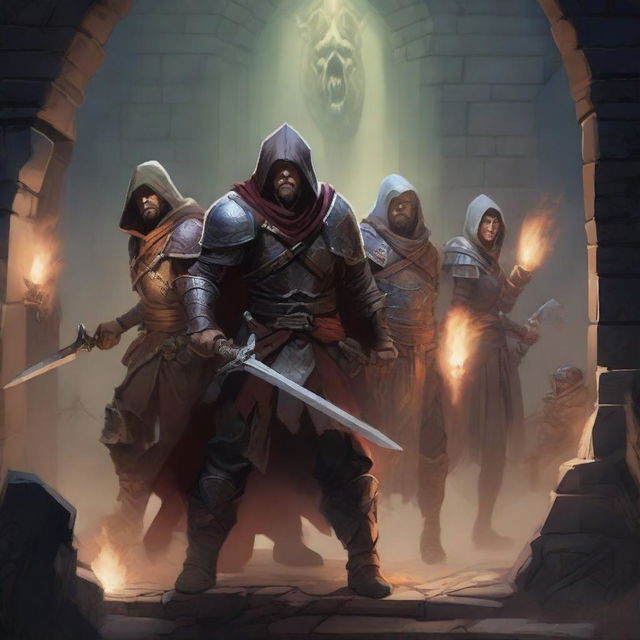 A mage, a sorcerer, a warrior, a barbarian, and three more Dungeons & Dragons players emerging from a dungeon