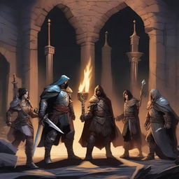 A mage, a sorcerer, a warrior, a barbarian, and three more Dungeons & Dragons players emerging from a dungeon