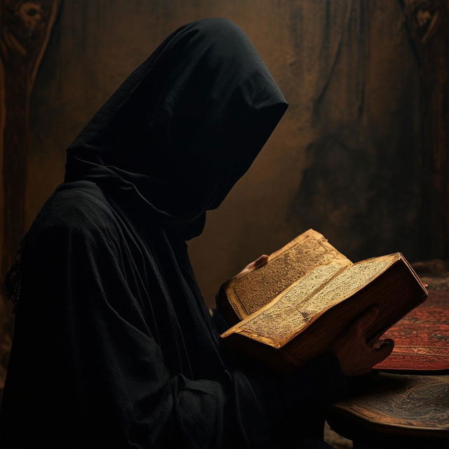 A mysterious person in a dimly lit room reads an ancient, leather-bound book