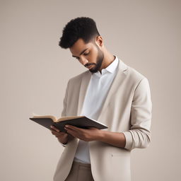 Create a minimalist business presentation image featuring a person reading a book with a plain, neutral background and a professional, focused demeanor