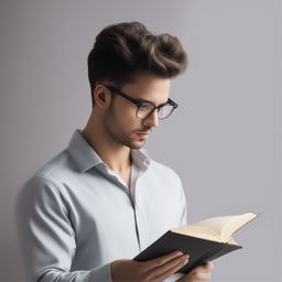 Create a minimalist business presentation image featuring a person reading a book with a plain, neutral background and a professional, focused demeanor