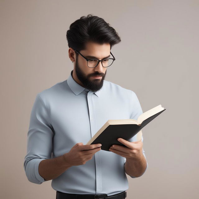 Create a minimalist business presentation image featuring a person reading a book with a plain, neutral background and a professional, focused demeanor