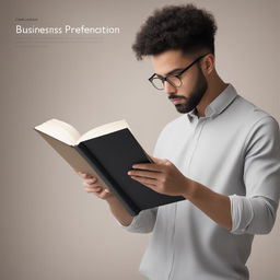 Create a minimalist business presentation image featuring a person reading a book with a plain, neutral background and a professional, focused demeanor