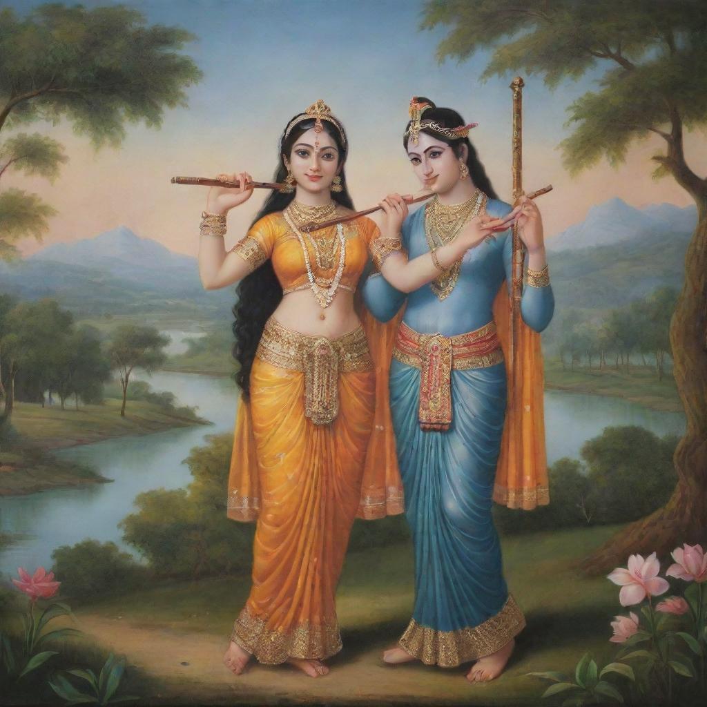 Charming portray of young Radha and Krishna, with Krishna playing the flute and Radha listening admiringly. They are dressed in traditional Indian attire, surrounded by a serene, pastoral landscape.