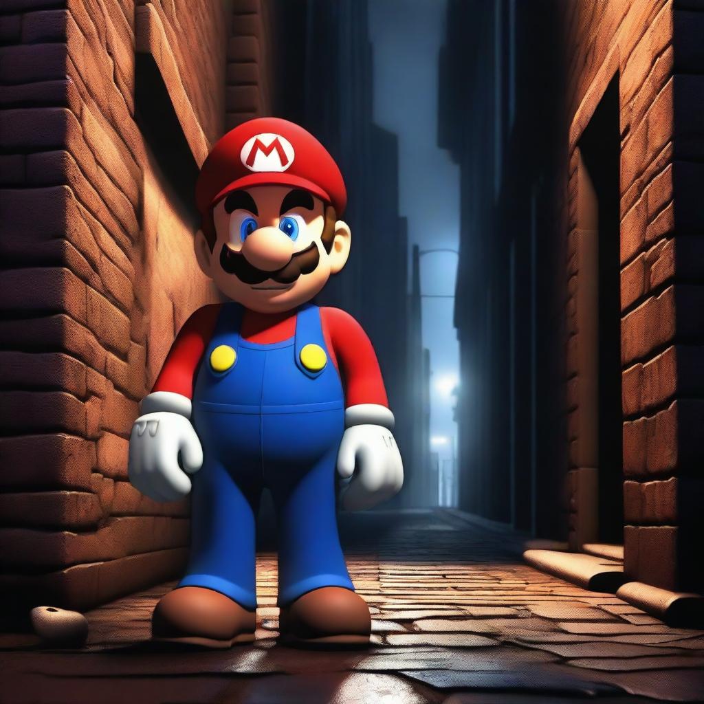 A dark and gritty scene featuring Mario from the Mario franchise, depicted in a realistic style, standing in a shadowy alleyway with a suspicious look, selling illicit substances