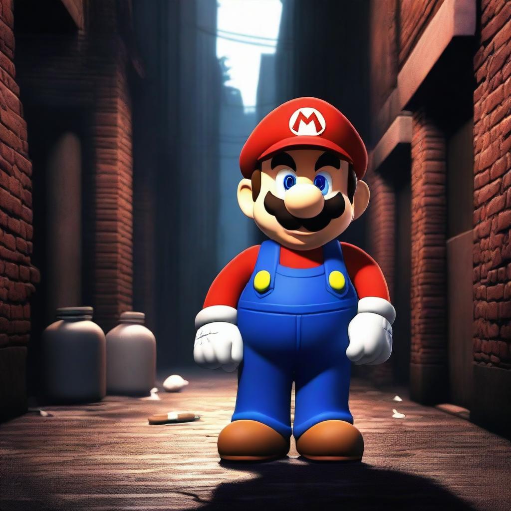 A dark and gritty scene featuring Mario from the Mario franchise, depicted in a realistic style, standing in a shadowy alleyway with a suspicious look, selling illicit substances