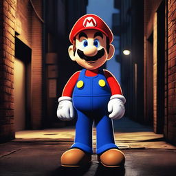 A dark and gritty scene featuring Mario from the Mario franchise, depicted in a realistic style, standing in a shadowy alleyway with a suspicious look, selling illicit substances