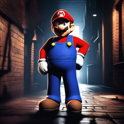 A dark and gritty scene featuring Mario from the Mario franchise, depicted in a realistic style, standing in a shadowy alleyway with a suspicious look, selling illicit substances