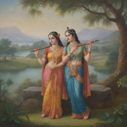 Charming portray of young Radha and Krishna, with Krishna playing the flute and Radha listening admiringly. They are dressed in traditional Indian attire, surrounded by a serene, pastoral landscape.