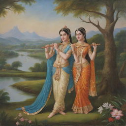 Charming portray of young Radha and Krishna, with Krishna playing the flute and Radha listening admiringly. They are dressed in traditional Indian attire, surrounded by a serene, pastoral landscape.