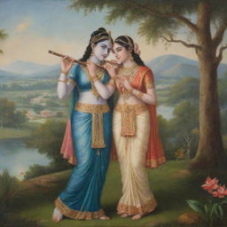 Charming portray of young Radha and Krishna, with Krishna playing the flute and Radha listening admiringly. They are dressed in traditional Indian attire, surrounded by a serene, pastoral landscape.