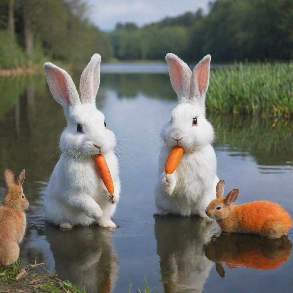 Two rabbits next to a serene lake, each holding a carrot, and a third rabbit near the lake who has no carrot