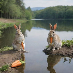 Two rabbits next to a serene lake, each holding a carrot, and a third rabbit near the lake who has no carrot