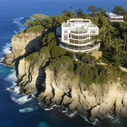 A lavish billionaire's mansion perched on the edge of a dramatic cliff, overlooking a stunning ocean panorama