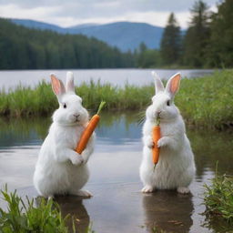 Two rabbits next to a serene lake, each holding a carrot, and a third rabbit near the lake who has no carrot