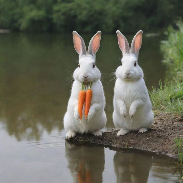 Two rabbits next to a serene lake, each holding a carrot, and a third rabbit near the lake who has no carrot