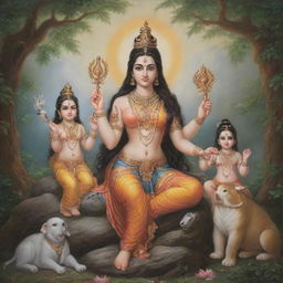 Goddess Parvati and Lord Shiva, also known as Mahadev, surrounded by their divine children Ganesha and Kartikeya in a peaceful, ethereal setting.