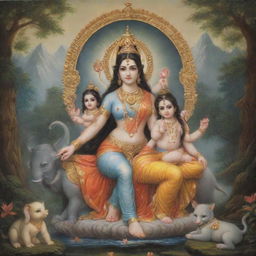 Goddess Parvati and Lord Shiva, also known as Mahadev, surrounded by their divine children Ganesha and Kartikeya in a peaceful, ethereal setting.