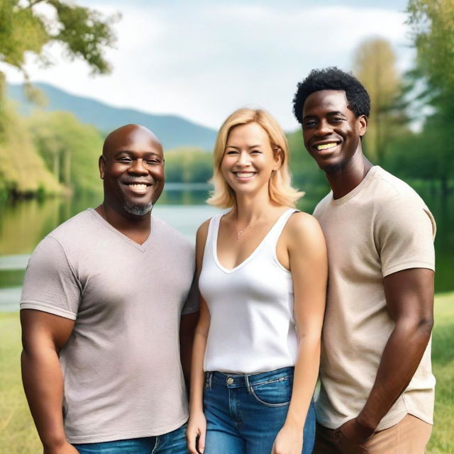 A throuple featuring a black man, a white woman, and an Asian man standing together, showing diversity and love