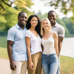 A throuple featuring a black man, a white woman, and an Asian man standing together, showing diversity and love