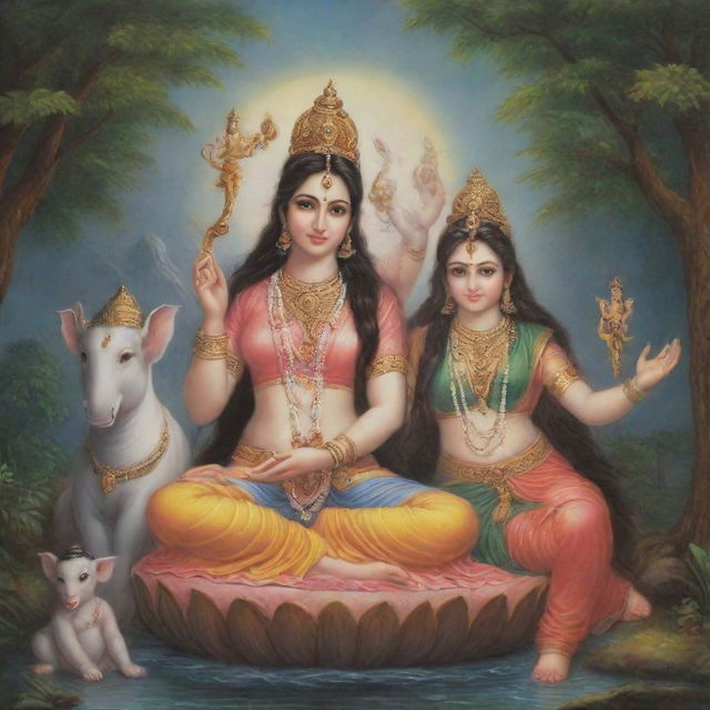 Goddess Parvati and Lord Shiva, also known as Mahadev, surrounded by their divine children Ganesha and Kartikeya in a peaceful, ethereal setting.