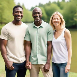 A throuple featuring a black man, a white woman, and an Asian man standing together, showing diversity and love