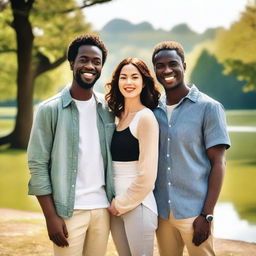 A throuple featuring a black man, a white woman, and an Asian man standing together, showing diversity and love