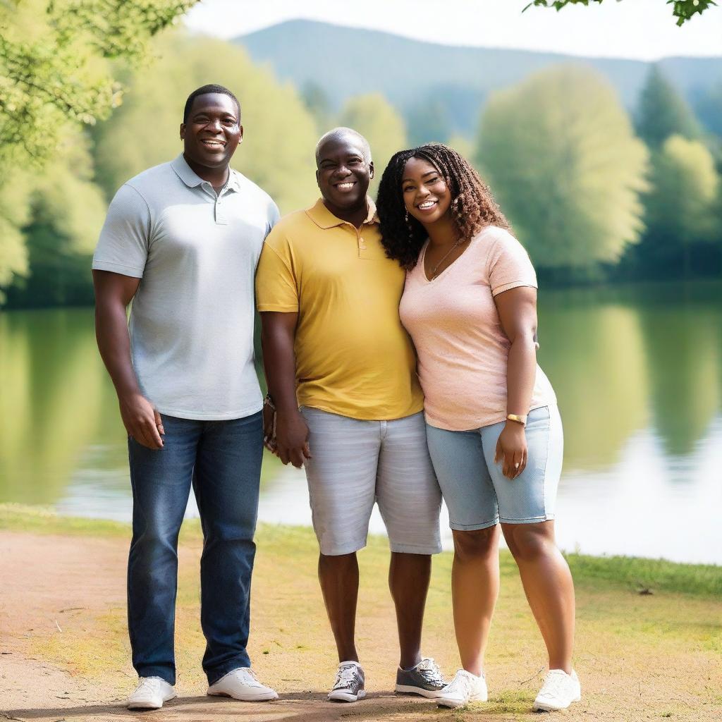 A throuple featuring a tall black man, a medium-height black woman, and a tiny blond woman standing together