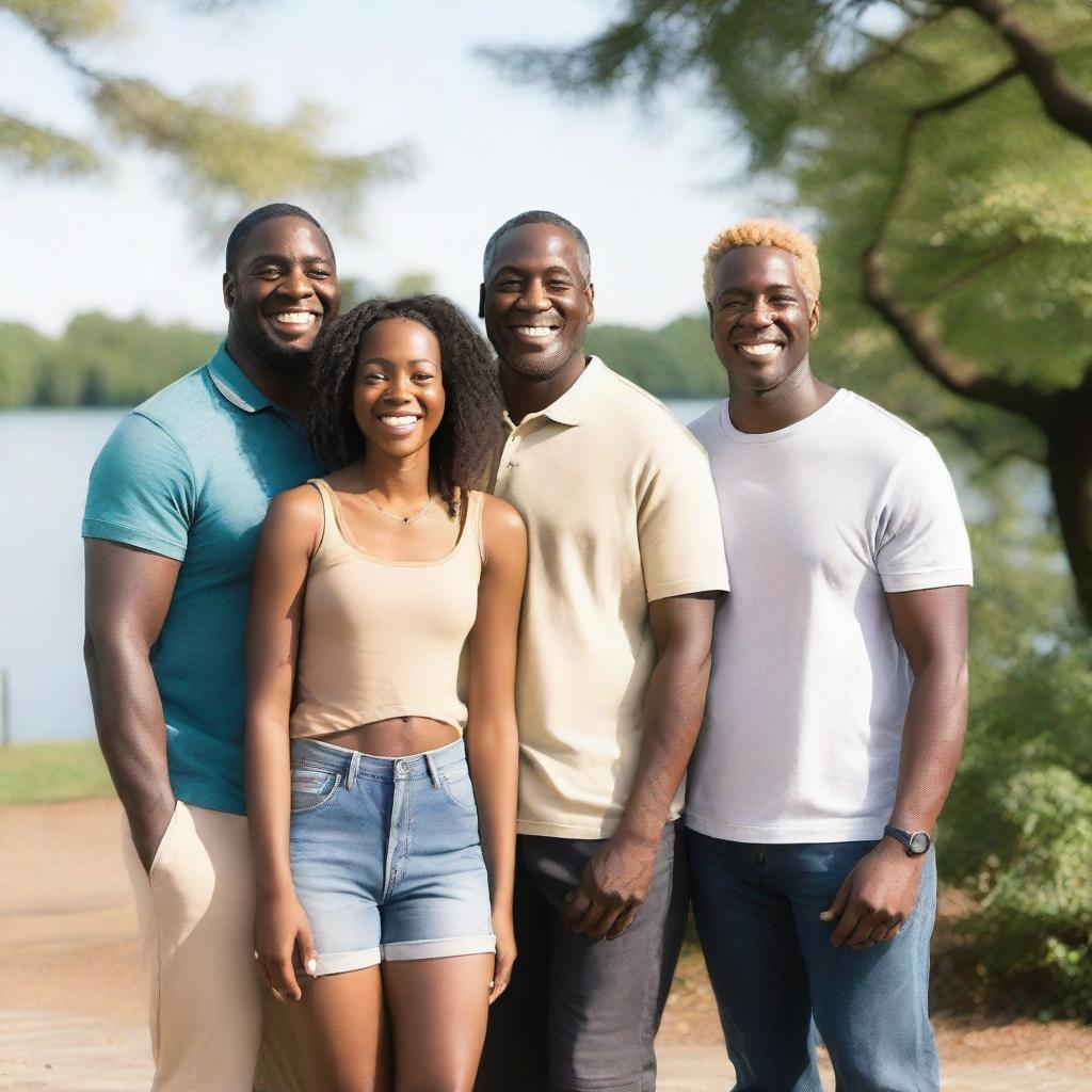 A throuple featuring a tall black man, a medium-height black woman, and a tiny blond woman standing together