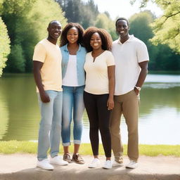 A throuple featuring a tall black man, a medium-height black woman, and a tiny blond woman standing together