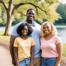 A throuple featuring a tall black man, a medium-height black woman, and a tiny blond woman standing together