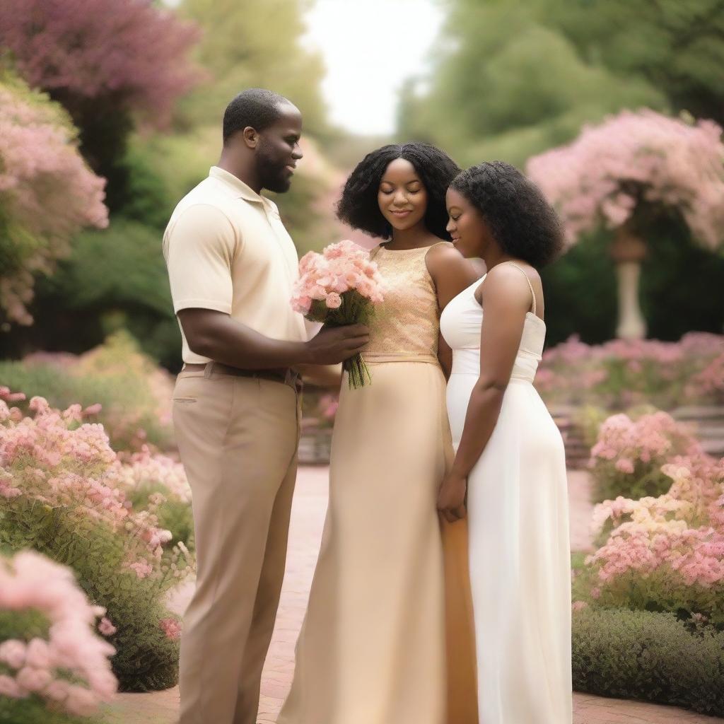 A romantic scene featuring a tall black man, a medium-height black woman, and a tiny blond woman