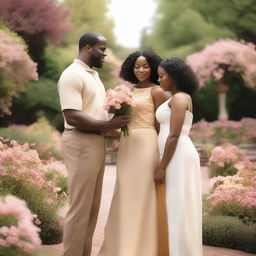 A romantic scene featuring a tall black man, a medium-height black woman, and a tiny blond woman