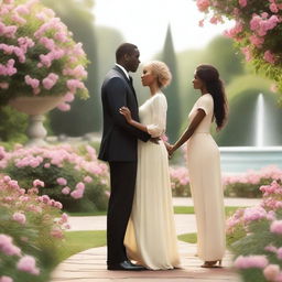 A romantic scene featuring a tall black man, a medium-height black woman, and a tiny blond woman