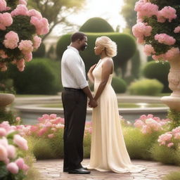 A romantic scene featuring a tall black man, a medium-height black woman, and a tiny blond woman