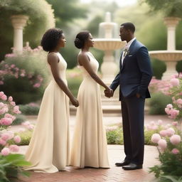 A romantic scene featuring a tall black man, a medium-height black woman, and a tiny blond woman