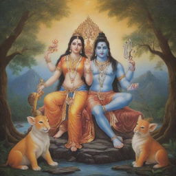 Goddess Parvati and Lord Shiva, also known as Mahadev, surrounded by their divine children Ganesha and Kartikeya in a peaceful, ethereal setting.