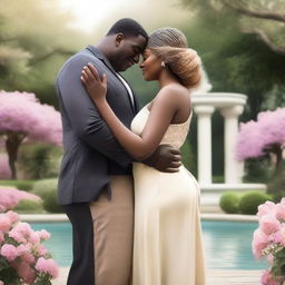 A romantic scene featuring a tall black man, a medium-height black woman, and a tiny blond woman