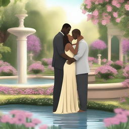 A romantic scene featuring a tall black man, a medium-height black woman, and a tiny blond woman