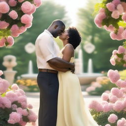 A romantic scene featuring a tall black man, a medium-height black woman, and a tiny blond woman