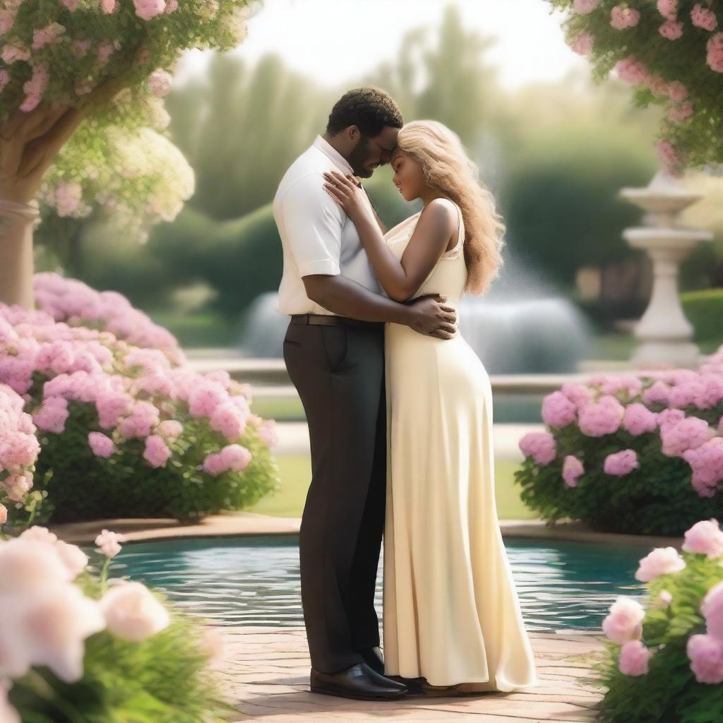 A romantic scene featuring a tall black man, a medium-height black woman, and a tiny blond woman