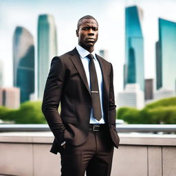 A tall and strong black man wearing a stylish tie, standing confidently