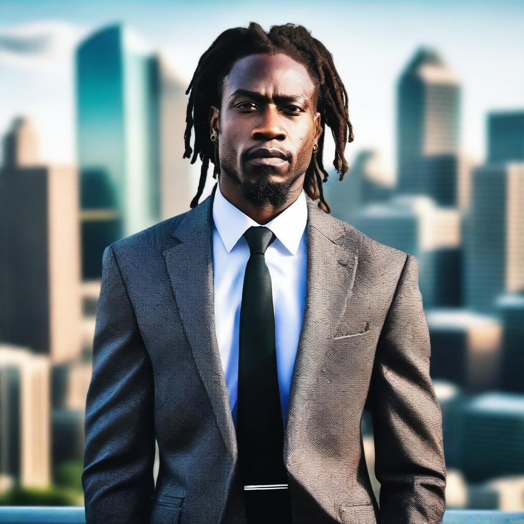 A tall and strong black man with dreadlocks, wearing a stylish tie and a well-fitted suit